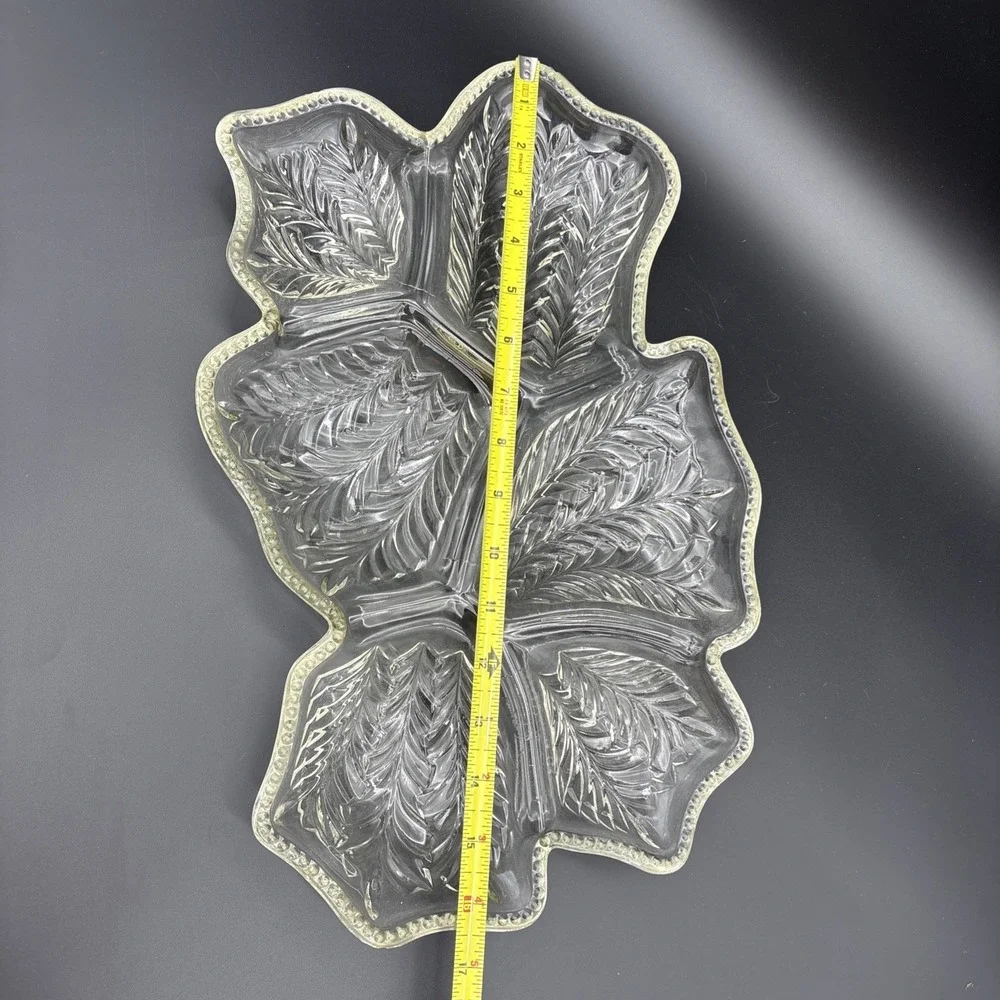 Vintage Jeannette Glass 6-Section Feather Leaf Relish Tray Clear Scalloped Edge